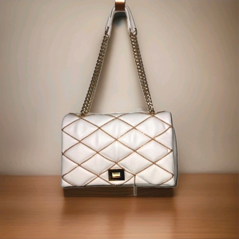 International Concepts I.N.C. Gold Chain Quilted Soft White Shoulder Bag Purse